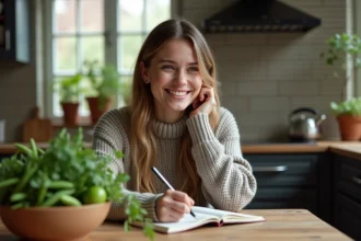 Jeune femme souriante dans sa cuisine avec légumes en V