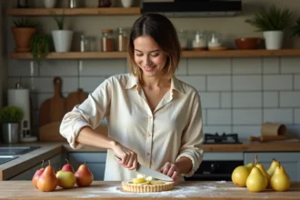 Femme préparant une tarte aux poires dans une cuisine chaleureuse