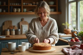 Femme en tranches de gâteau pomme cannelle dans une cuisine chaleureuse