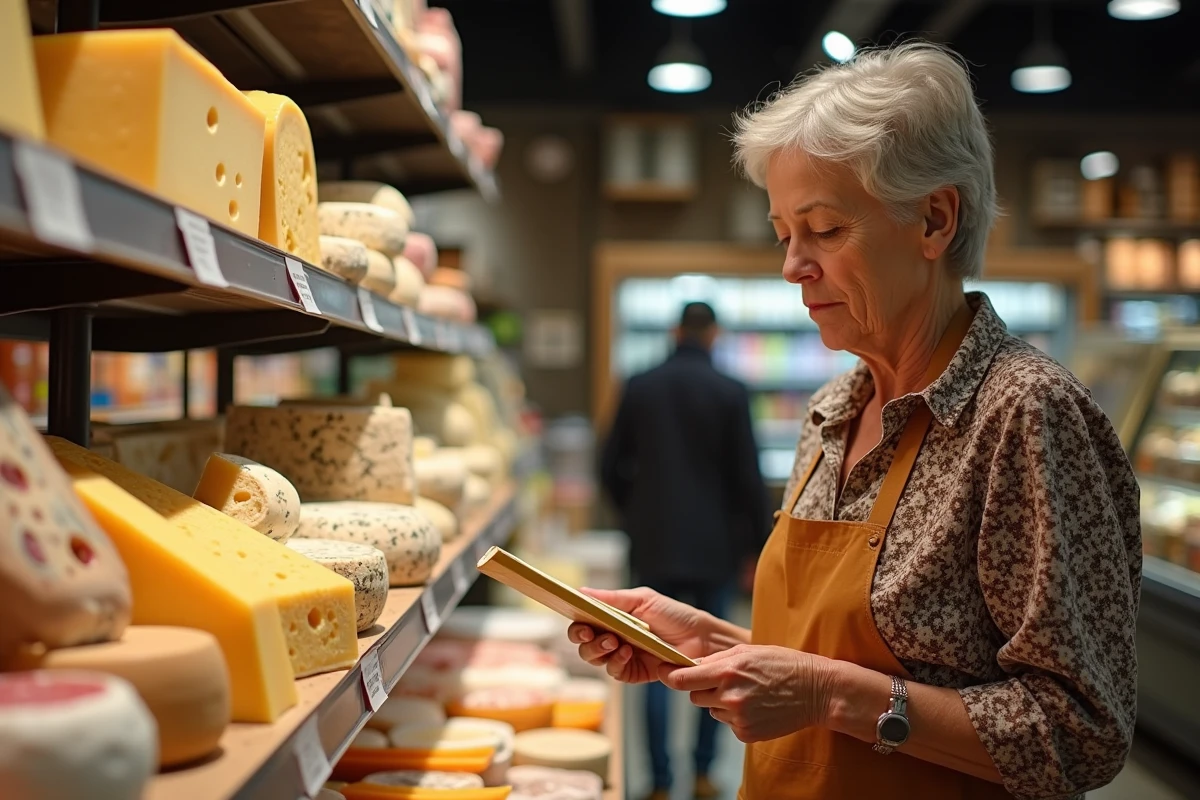 Femme vérifiant sa liste de courses pour raclette en supermarché