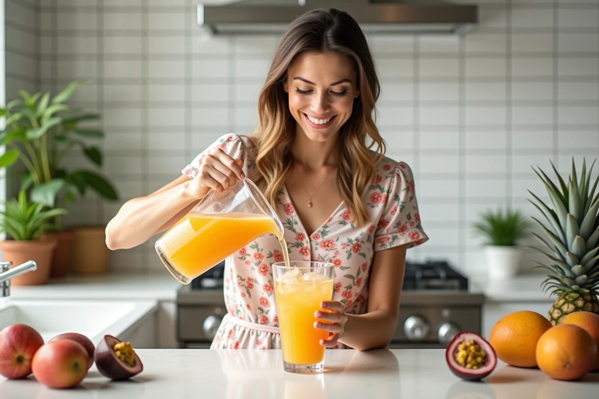 Femme versant un punch tropical fait maison dans un verre avec des glaçons dans une cuisine ensoleillée