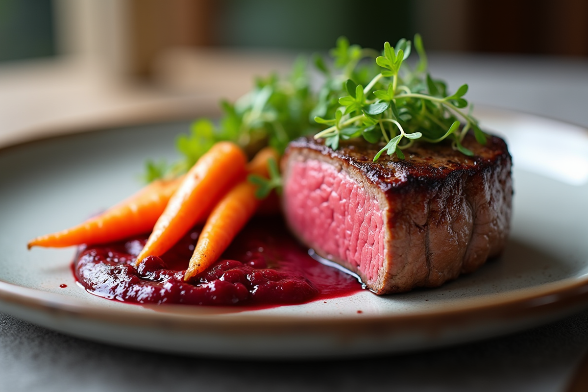 Filet mignon tranché avec carottes arc-en-ciel et purée de betterave