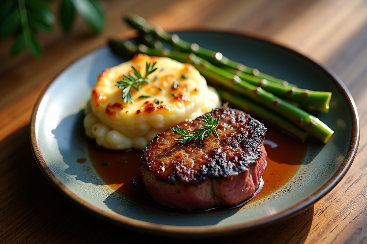Filet mignon avec gratin dauphinois et asperges grillées