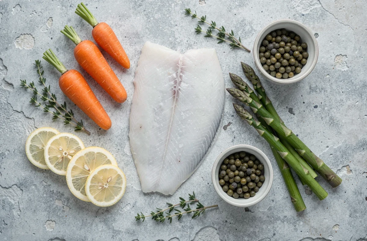 Vue de dessus d'un filet de poisson blanc décongelé entouré d'asperges, carottes, citron et thym sur une surface en pierre grise