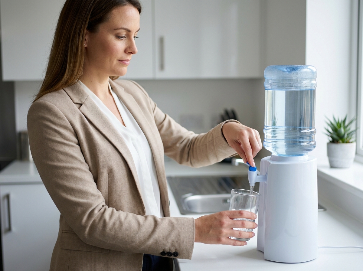 Fontaine à eau de comptoir dans une cuisine de bureau avec une employée se servant un verre