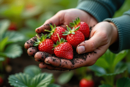Fraises fraîches dans la main du jardinier avec de la rosée