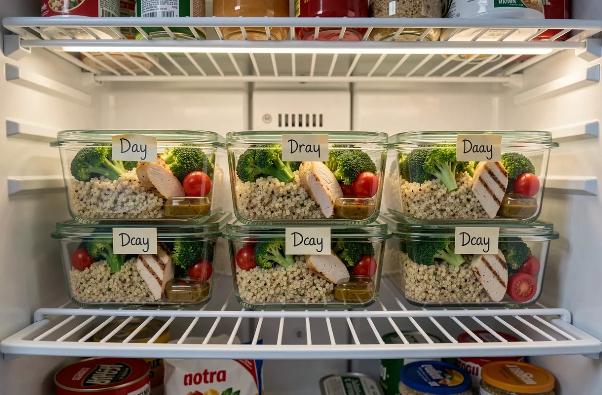 Réfrigérateur organisé avec des repas du midi batch cooking étiquetés pour chaque jour de la semaine dans des contenants en verre