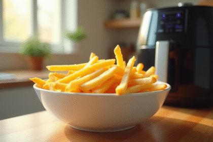 Frites croustillantes dans un bol blanc avec friteuse moderne