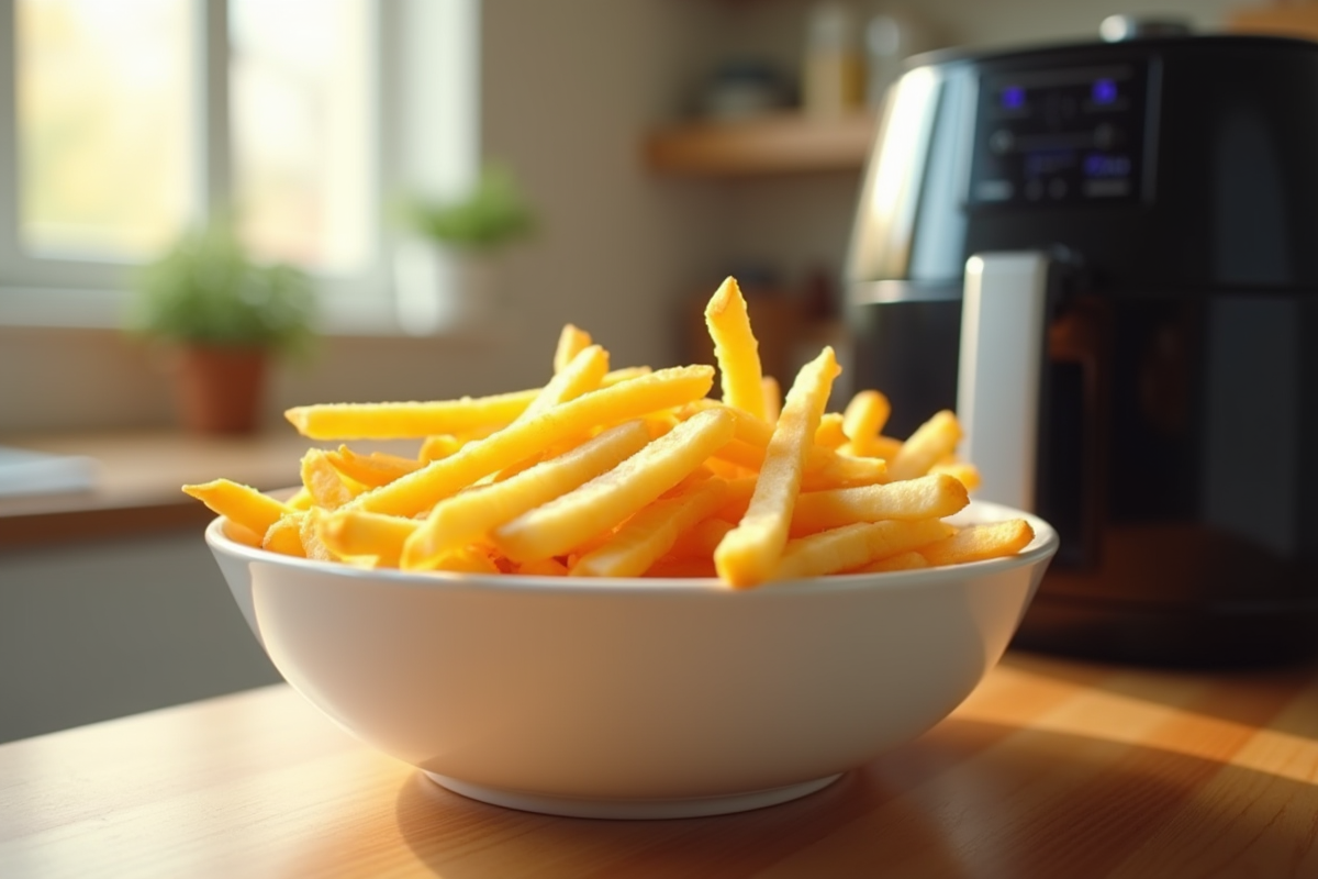 Frites croustillantes dans un bol blanc avec friteuse moderne