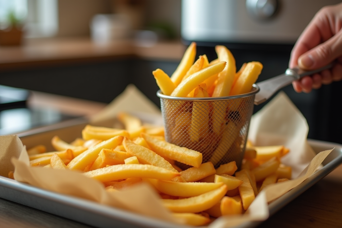 Frites fraîches servies sur papier cuisson dans une cuisine lumineuse