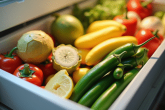 Fruits et legumes frais dans un tiroir de frigo avec J