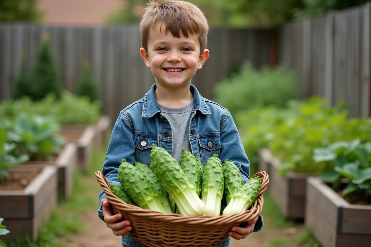 Garçon dans un jardin communautaire avec panier de légumes en V
