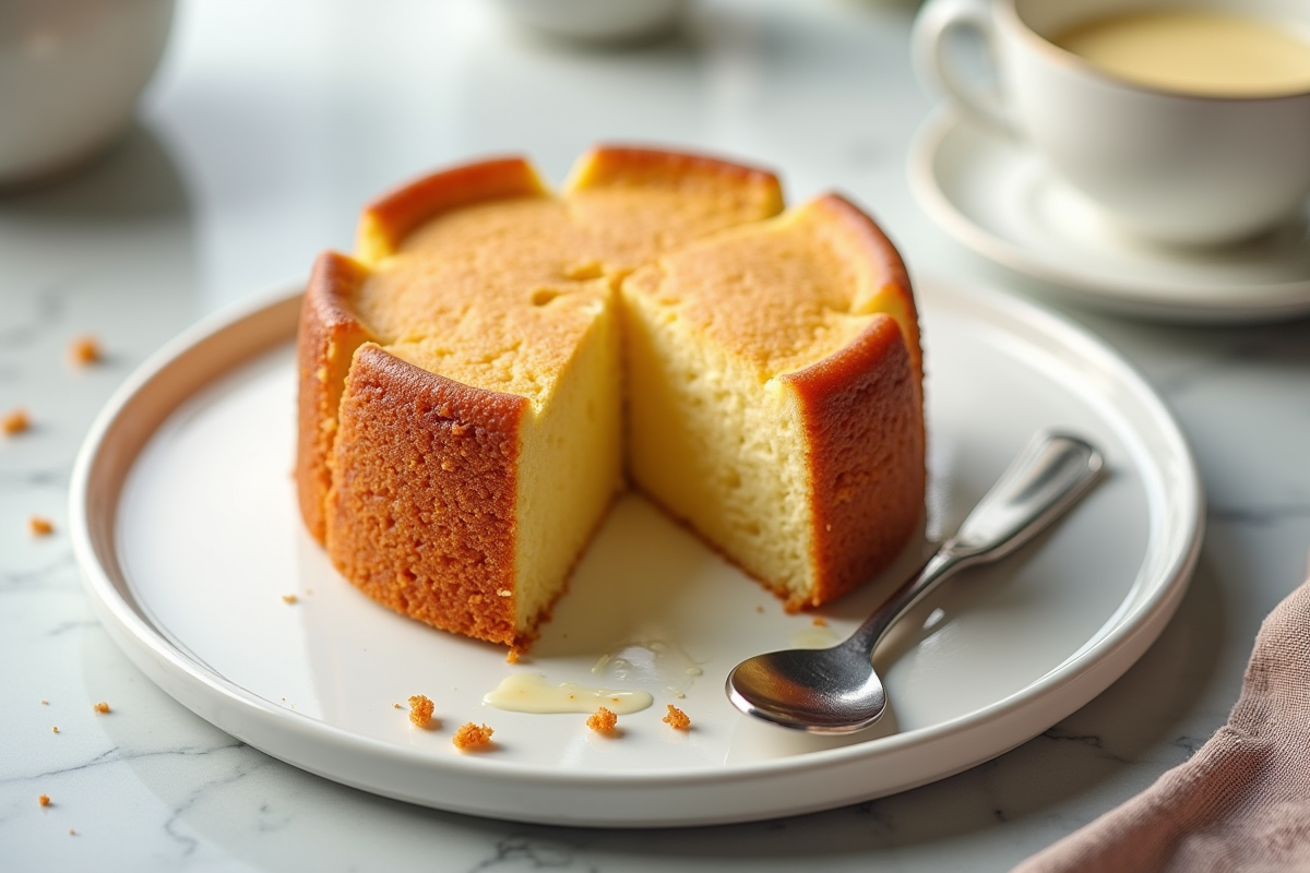 Gâteau basque doré sur assiette blanche avec miettes