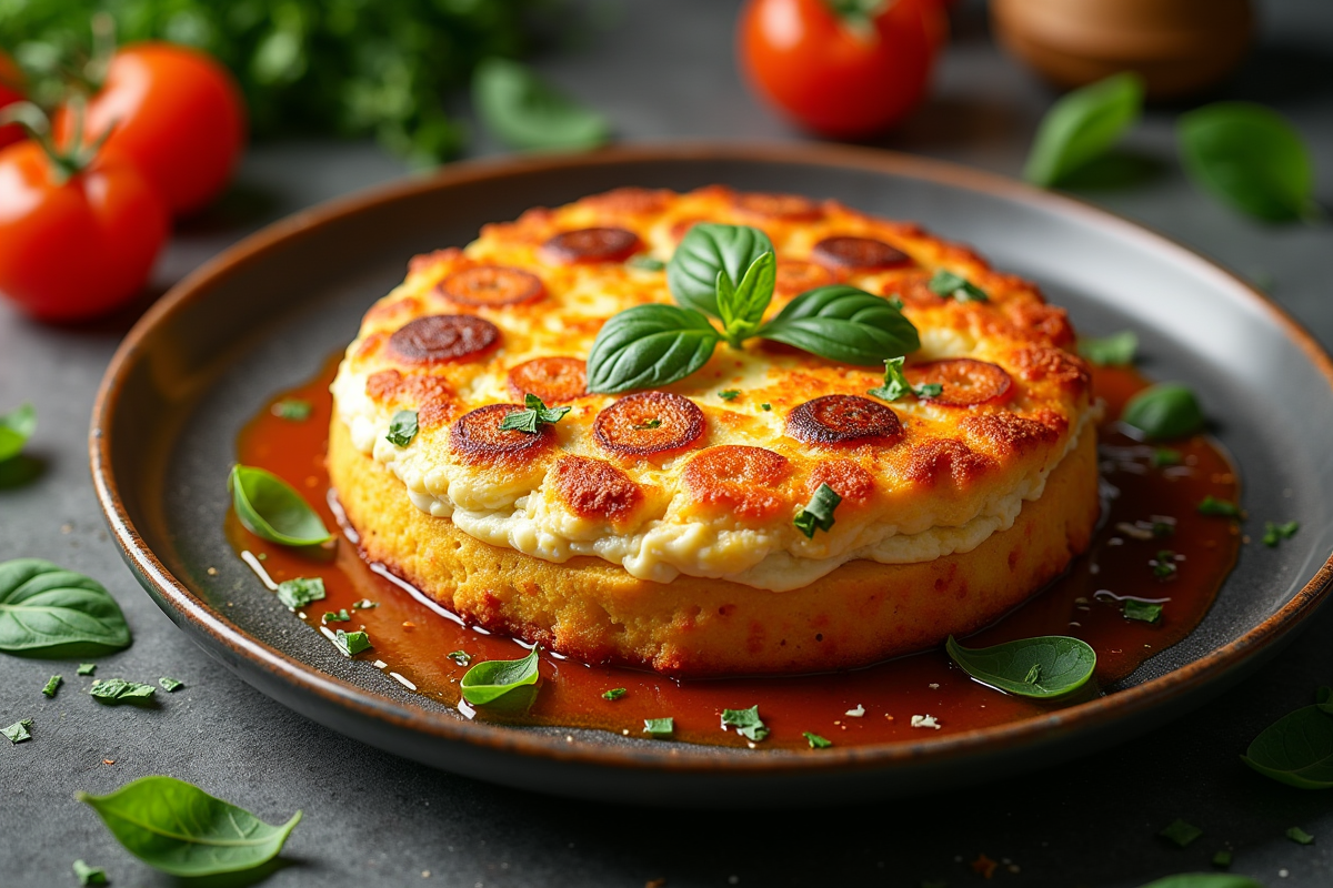 Gâteau chorizo et feta servi sur assiette avec herbes fraîches