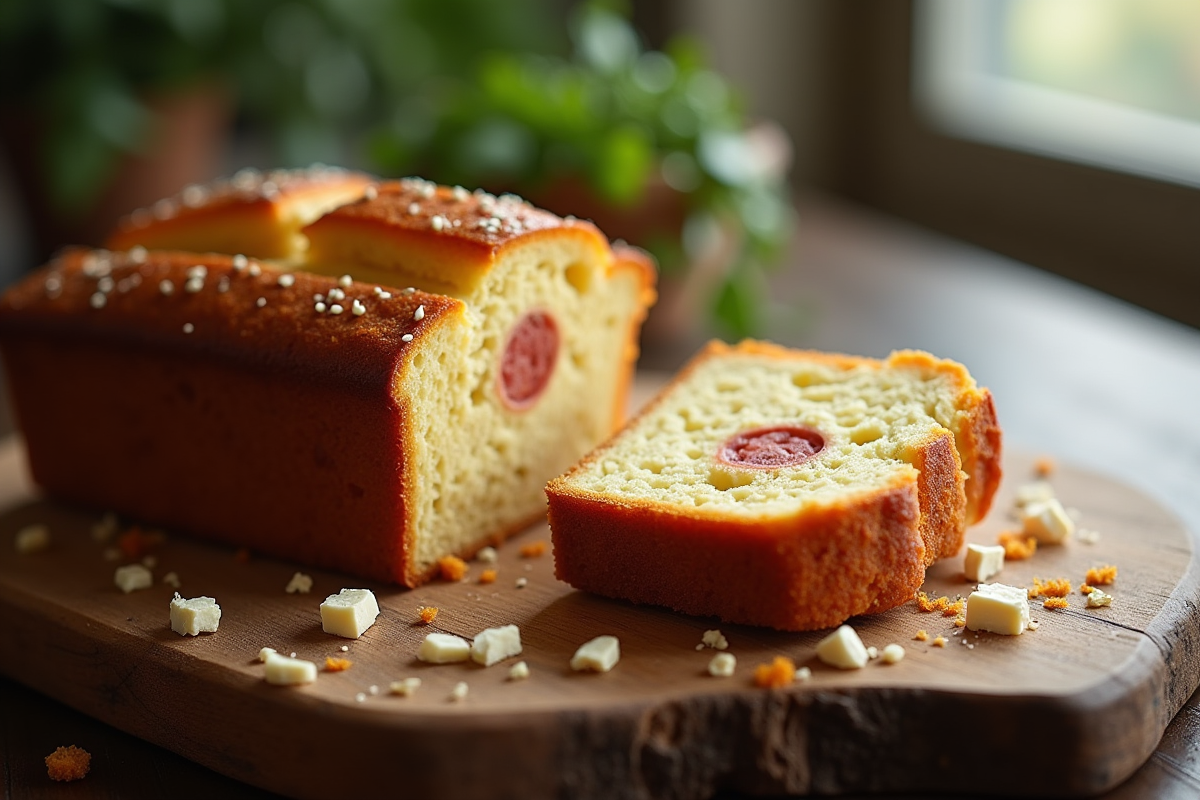 Gâteau tranché avec chorizo et feta sur planche en bois