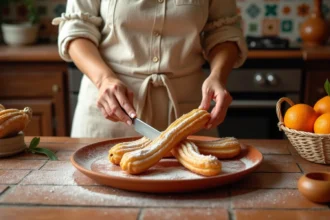 Femme préparant des churros maison dans une cuisine espagnole traditionnelle avec carreaux Talavera et décor rustique
