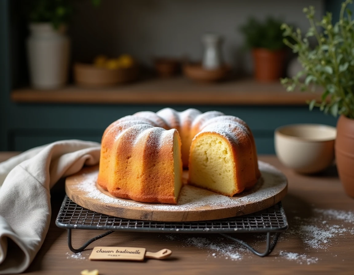 Gâteau moelleux cuit au four traditionnel refroidissant sur une grille en bois dans une cuisine rustique
