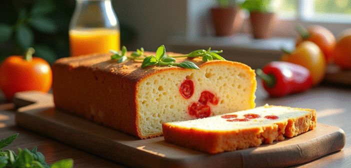 Gâteau tranché aux poivrons et chorizo sur table en bois