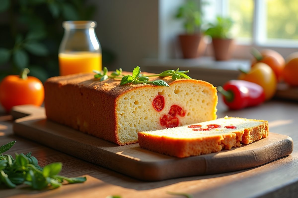 Gâteau tranché aux poivrons et chorizo sur table en bois