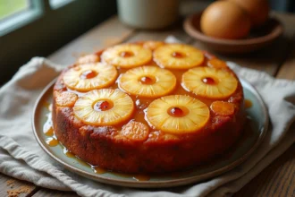Gâteau renversé à l'ananas et noix de coco fraîchement démoulé sur une assiette en céramique rustique avec des tranches d'ananas caramélisées et une couche de noix de coco grillée