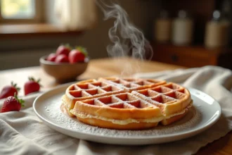 Gaufre dorée croustillante sur assiette blanche avec sucre glace et fraises fraîches sur table en bois rustique