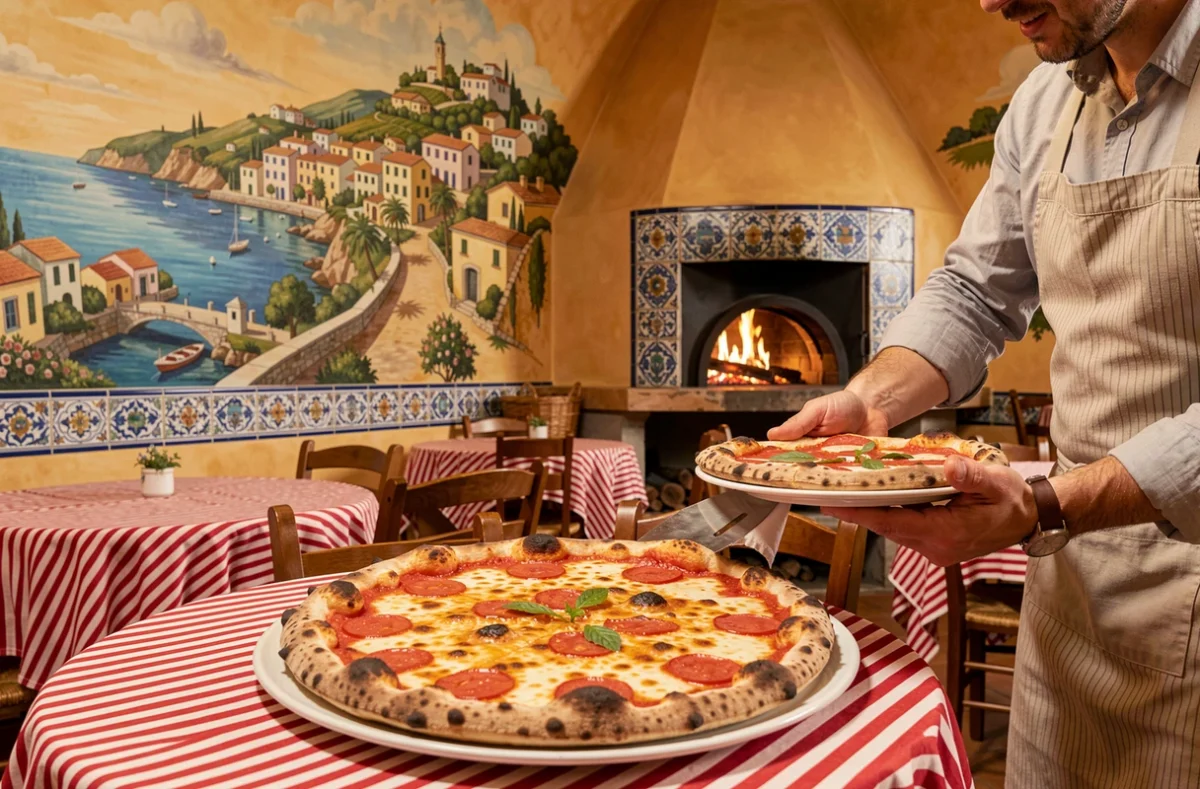 Salle conviviale du restaurant Gemelli à Millau avec four à bois et pizza Margherita fraîchement sortie du four