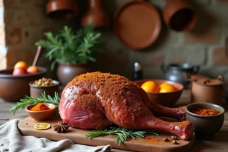 Gigot de chevreuil enduit d'épices douces sur une planche en bois dans une cuisine rustique en pierre