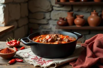 Goulash hongrois authentique mijotant dans une cocotte en fonte sur une table en bois rustique avec paprika séché et broderies traditionnelles hongroises