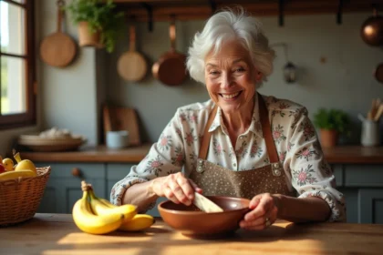 Grand-mère souriante coupe des bananes dans la cuisine chaleureuse