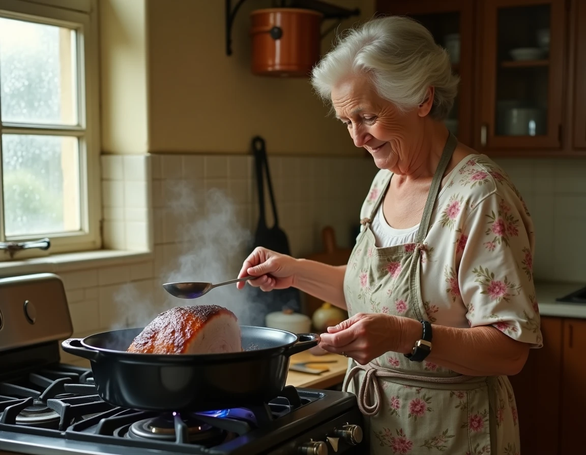 Grand-mère arrosant un rôti de porc en cocotte sur une cuisinière à gaz vintage dans une cuisine traditionnelle
