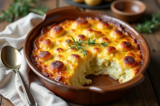 Gratin de chou-fleur et pommes de terre doré et fondant dans un plat en céramique rustique sur une table en bois
