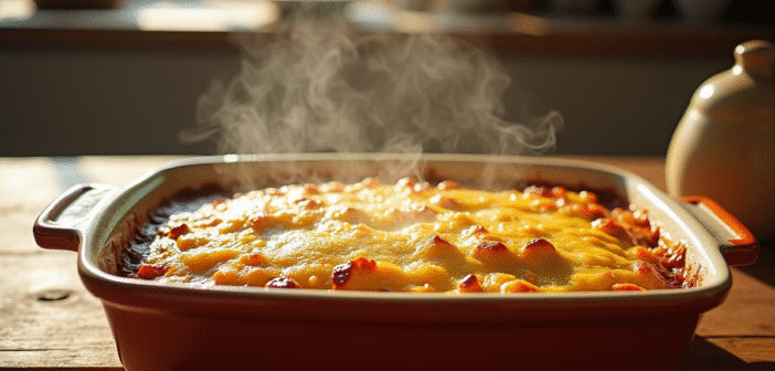 Gratin de courgette et pomme de terre sortant du four avec fromage fondu