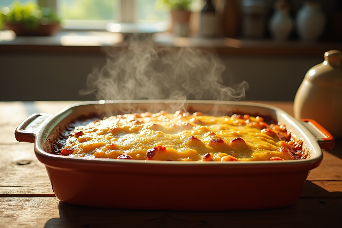 Gratin de courgette et pomme de terre sortant du four avec fromage fondu