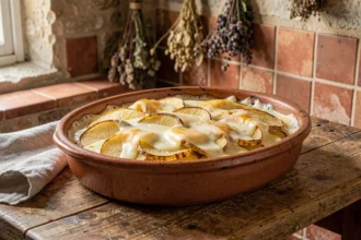 Gratin de pommes de terre au fromage et à la crème dans un plat en céramique rustique sur une table en chêne