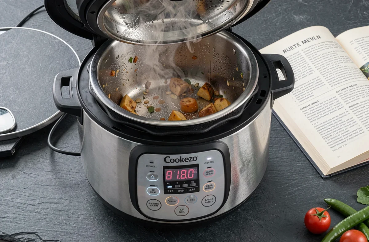 Gros plan du Cookeo avec couvercle ouvert et code d'erreur affiché sur l'écran numérique