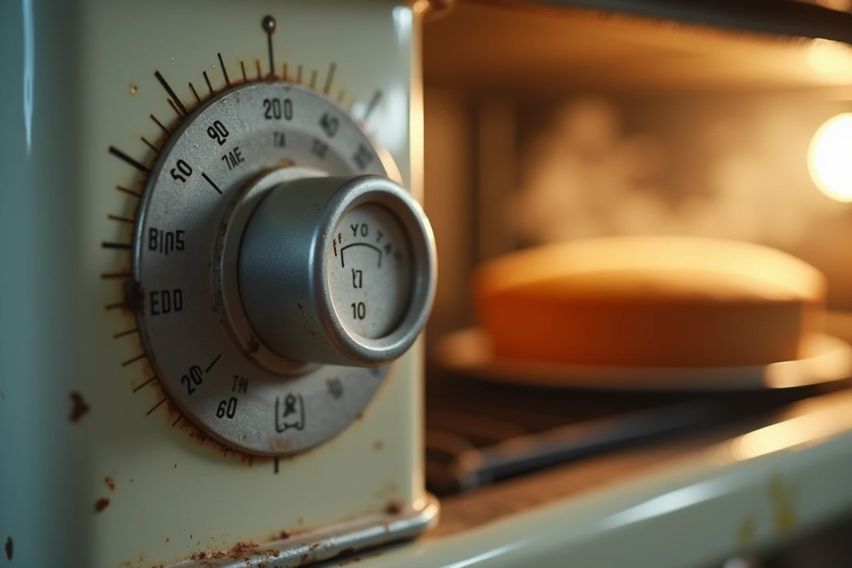 Gros plan sur le thermostat d'un four vintage réglé à 200 degrés avec un gâteau doré visible à travers la vitre