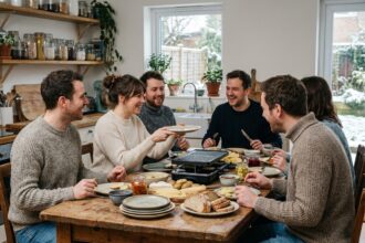 Groupe d'amis souriants autour d'une raclette conviviale