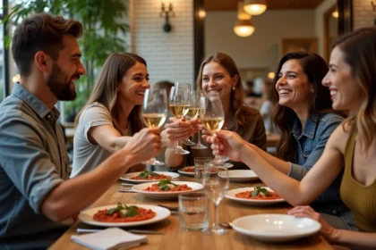 Groupe d amis trinquant avec vin à Ober Mamma