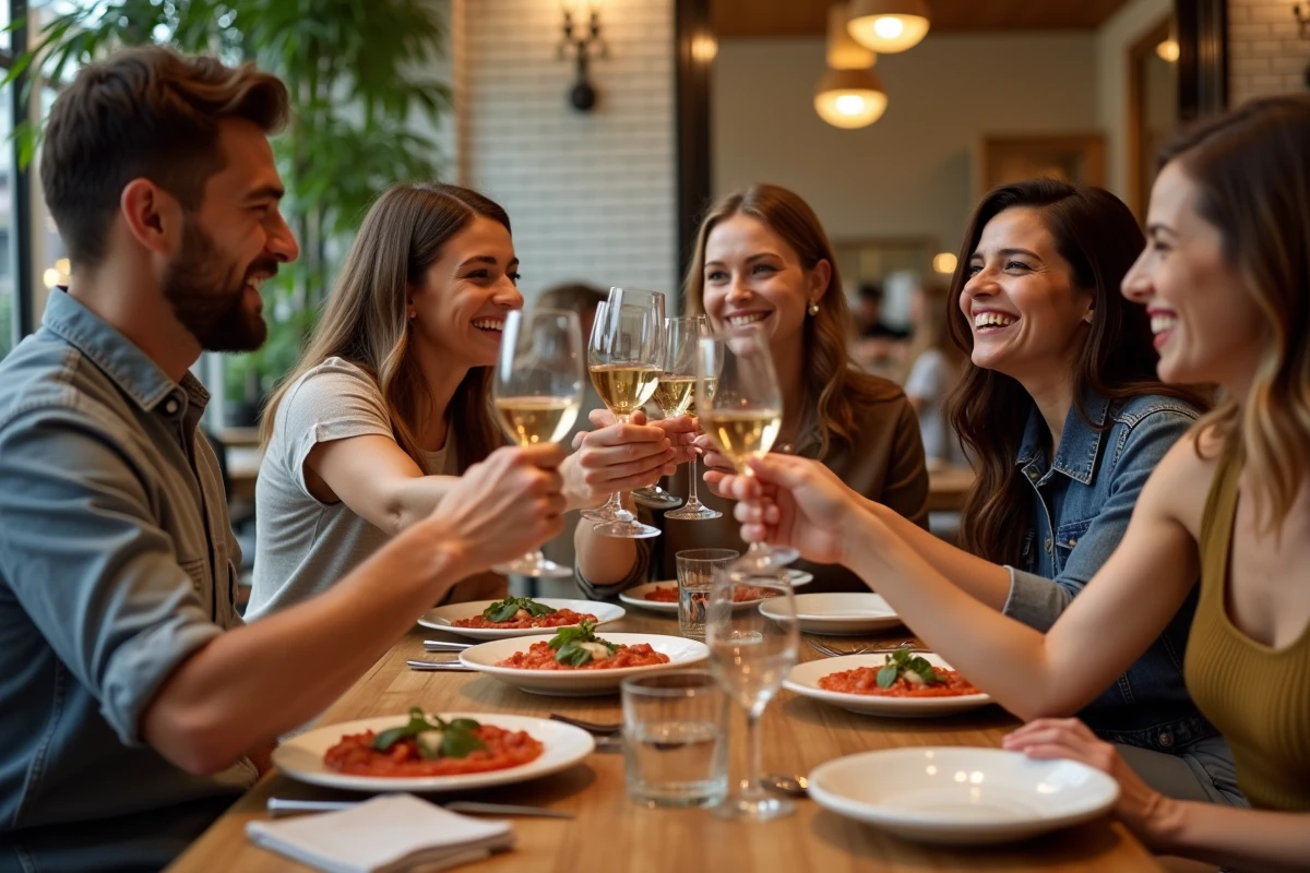 Groupe d amis trinquant avec vin à Ober Mamma