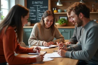 Groupe d adultes planifiant une raclette ensemble à la maison