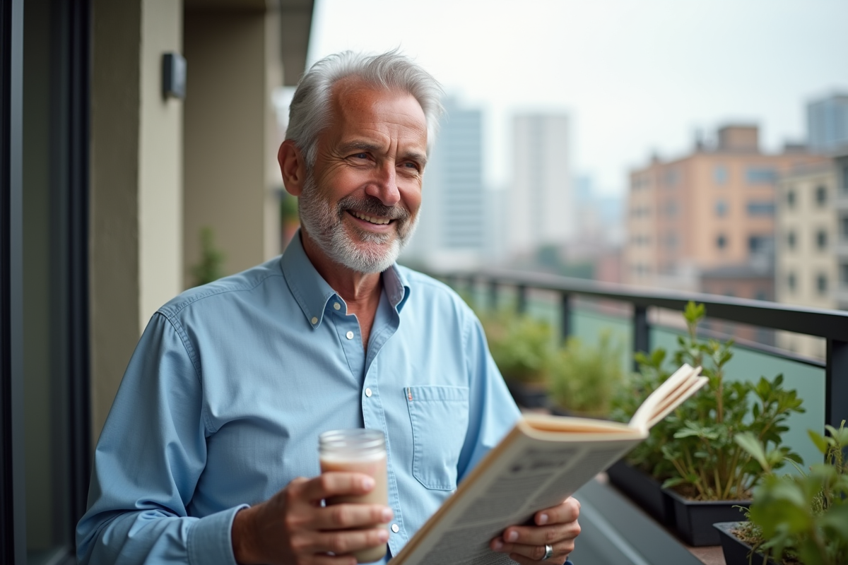 Homme lisant un journal avec smoothie sur balcon urbain
