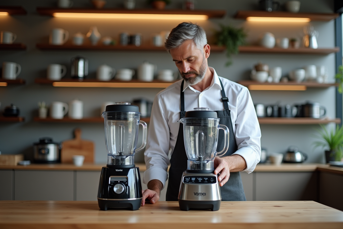 Homme comparant deux blenders puissants en magasin d