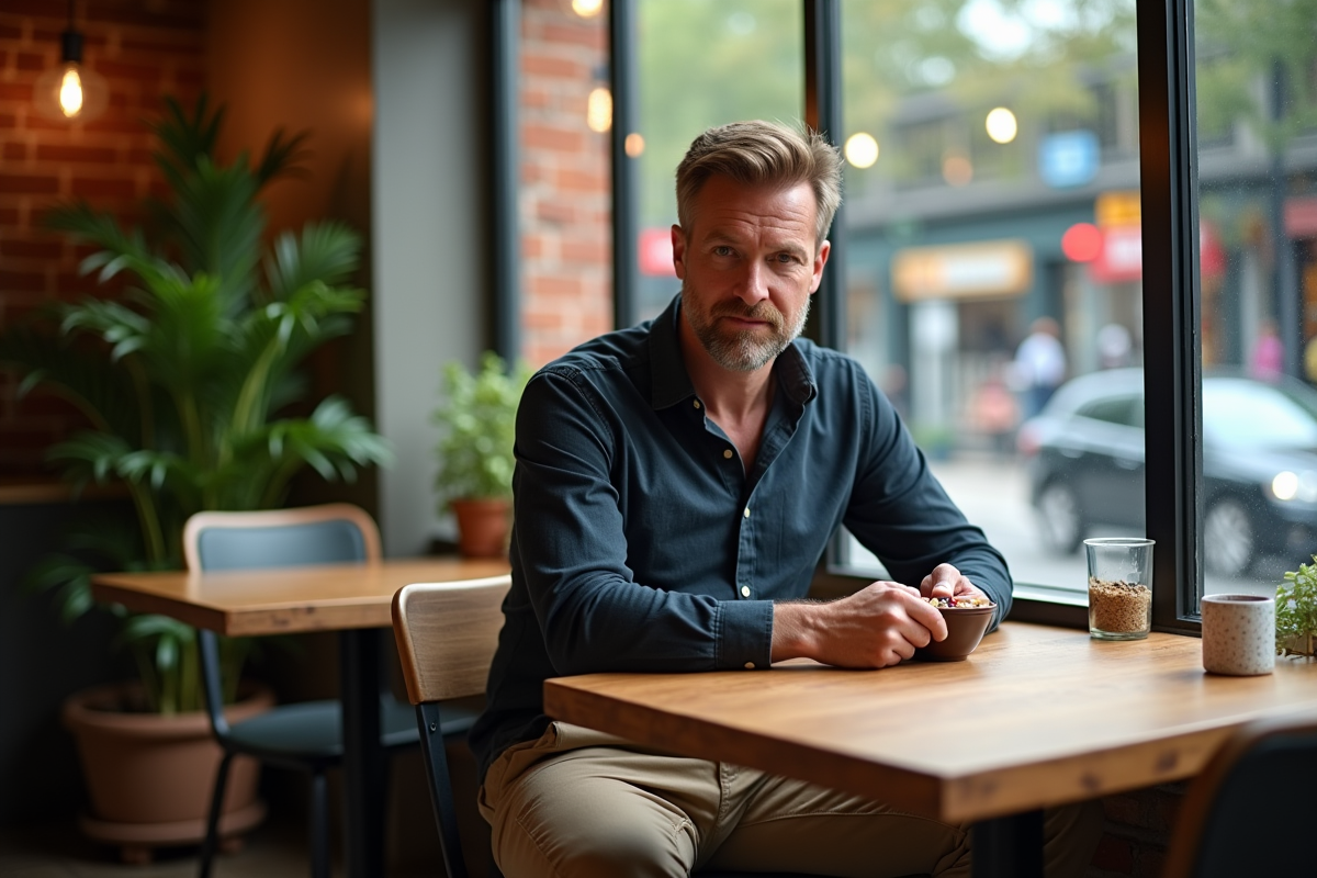 Homme dégustant un bol de porridge dans un café lumineux