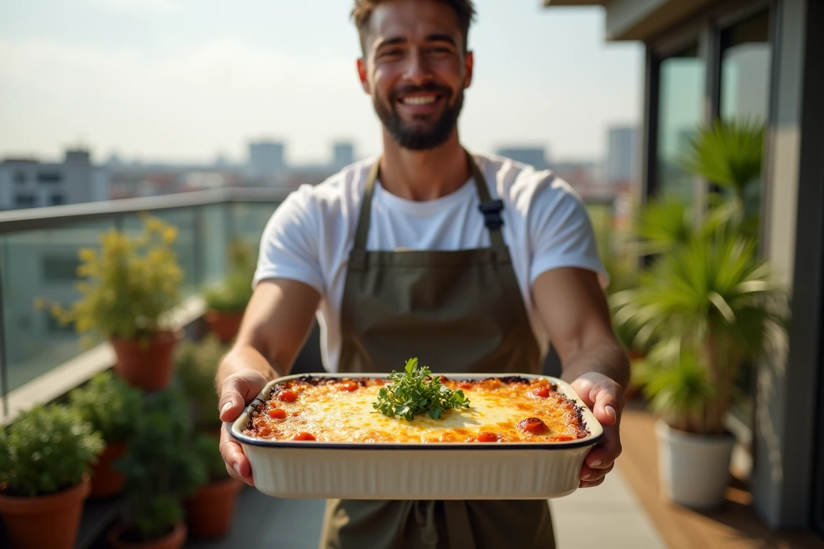 Jeune homme présentant une casserole d