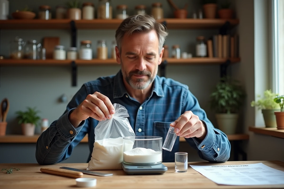 Homme convertissant de la poudre avec balance et cylindre
