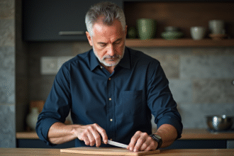 Homme d'âge moyen examinant un couteau de cuisine avec attention
