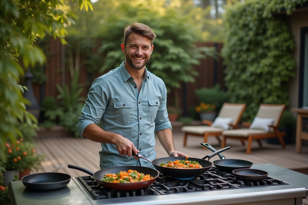 Homme cuisinant en plein air avec poele en metal sur terrasse