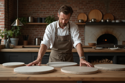 Homme en tablier examine des pierres à pizza dans la cuisine