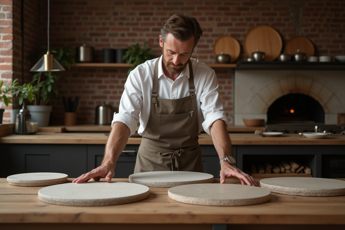 Homme en tablier examine des pierres à pizza dans la cuisine