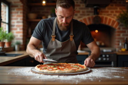 Homme d'âge moyen préparant une pizza dans une cuisine rustique